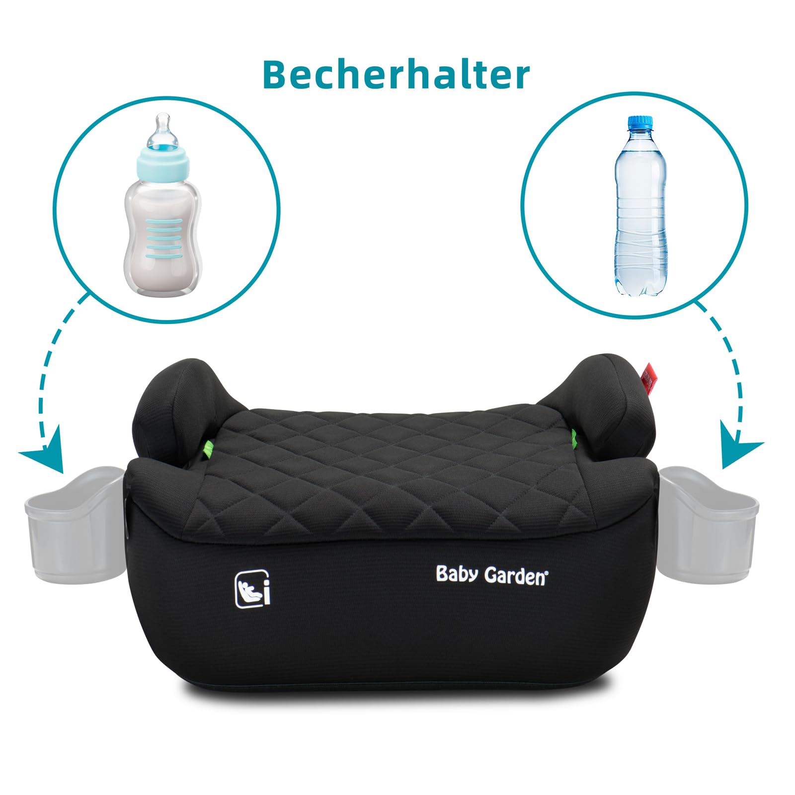 Baby Garden Kindersitzerhöhung mit ISOFIX, 125-150 cm (22–36 kg), Gruppe 2 und 3, mit Armlehnen, Getränkehalter & Gurt-Nackenschutz - i-Size geprüft - Schwarz