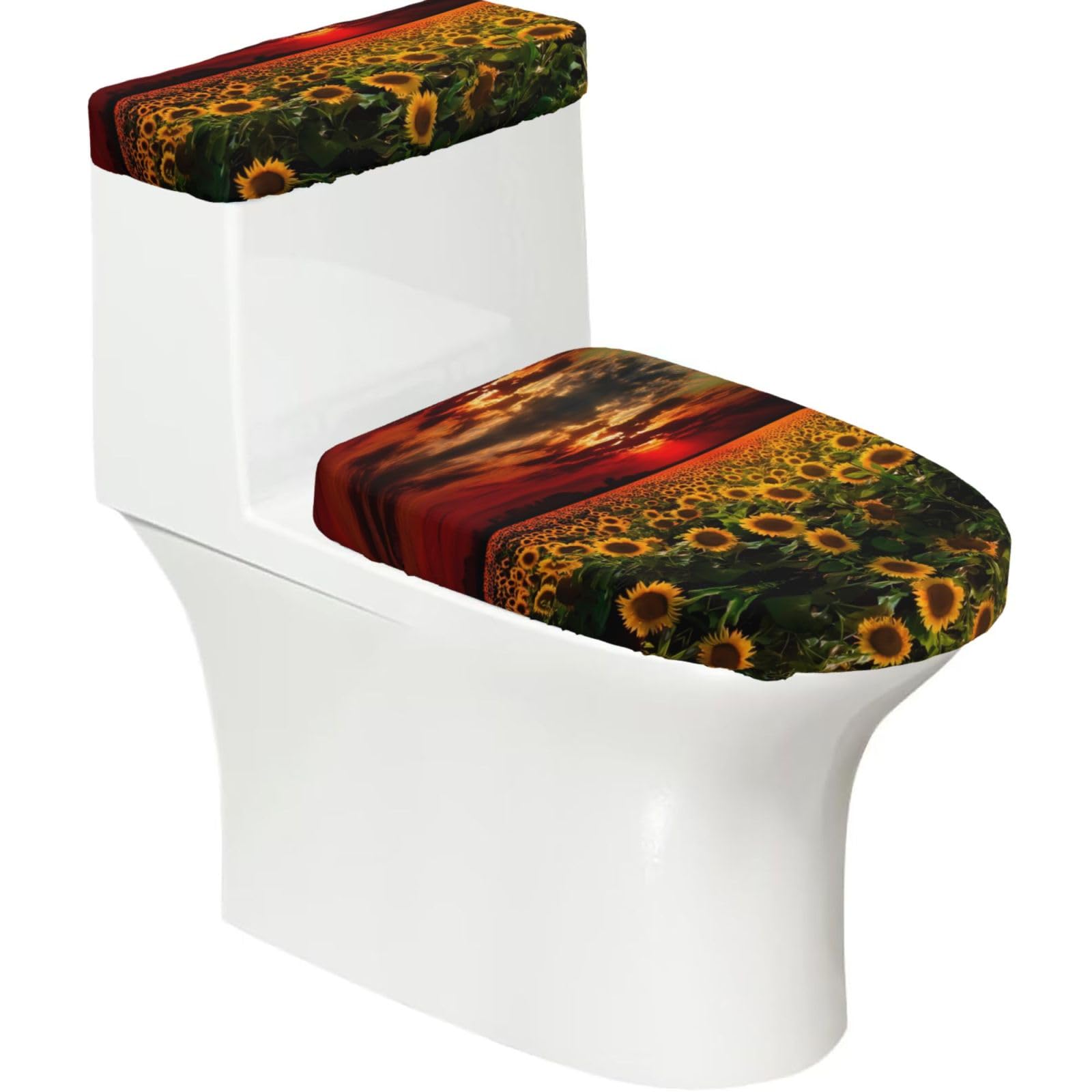 Sunset Sunflower 2-Piece Toilet Seat Cover Set with Tank Lid - Elastic for U-Shape & Elongated - Bathroom Decor