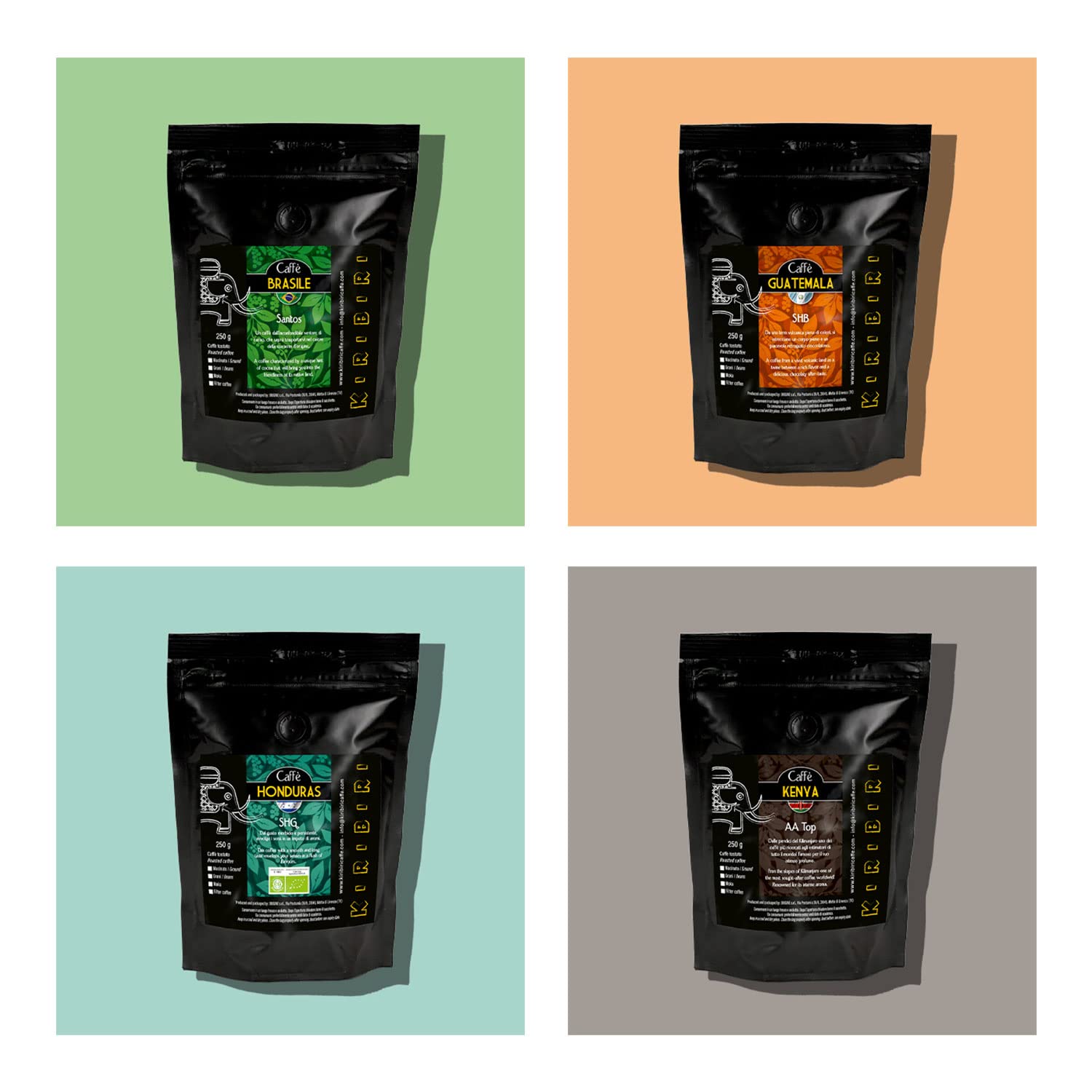 KIRIBIRI Café Especial de Origen 100% Arábica - Brasil, Guatemala, Honduras Orgánico, Kenia (4 x 250g Café en granos)
