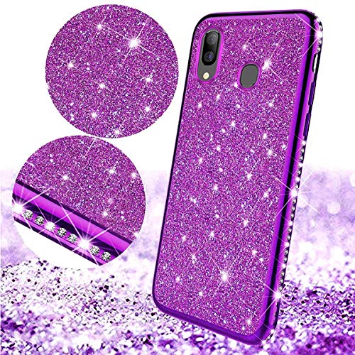 Uposao Compatible with Samsung Galaxy A30 Case for Girls Glitter Diamond Rhinestone Girl Sparkly Bling Electroplating Soft Clear Ultra-Thin Silicone Gel Rubber Back Cover,Purple