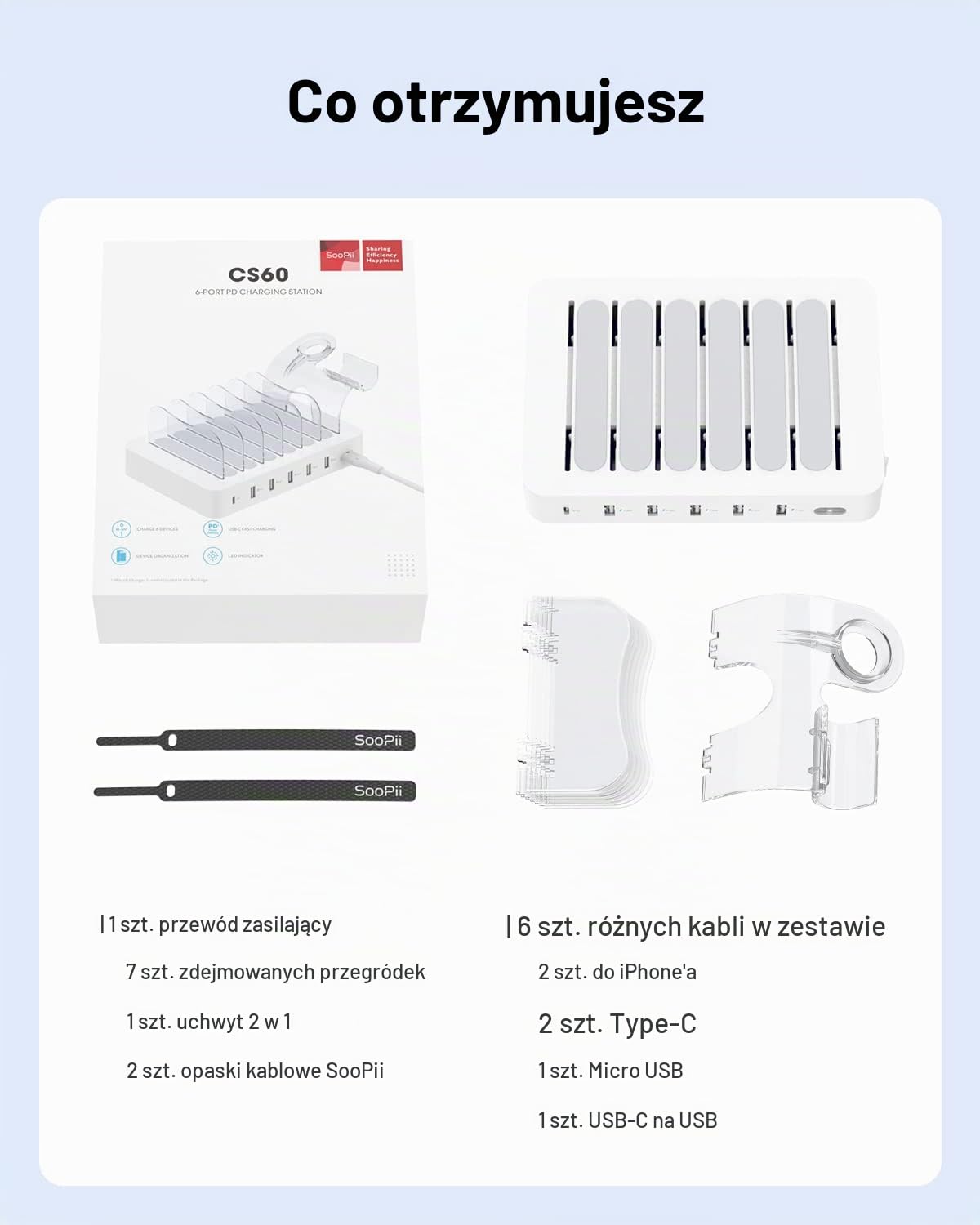 SooPii 6-portowa stacja ładująca 60 W/12 A do wielu urządzeń, szybkie ładowanie PD 20 W USB C do telefonu lPhone 14/13/12,2 cala 1 uchwyt, 6 krótkich kabli w zestawie do telefonów, tabletów i innych