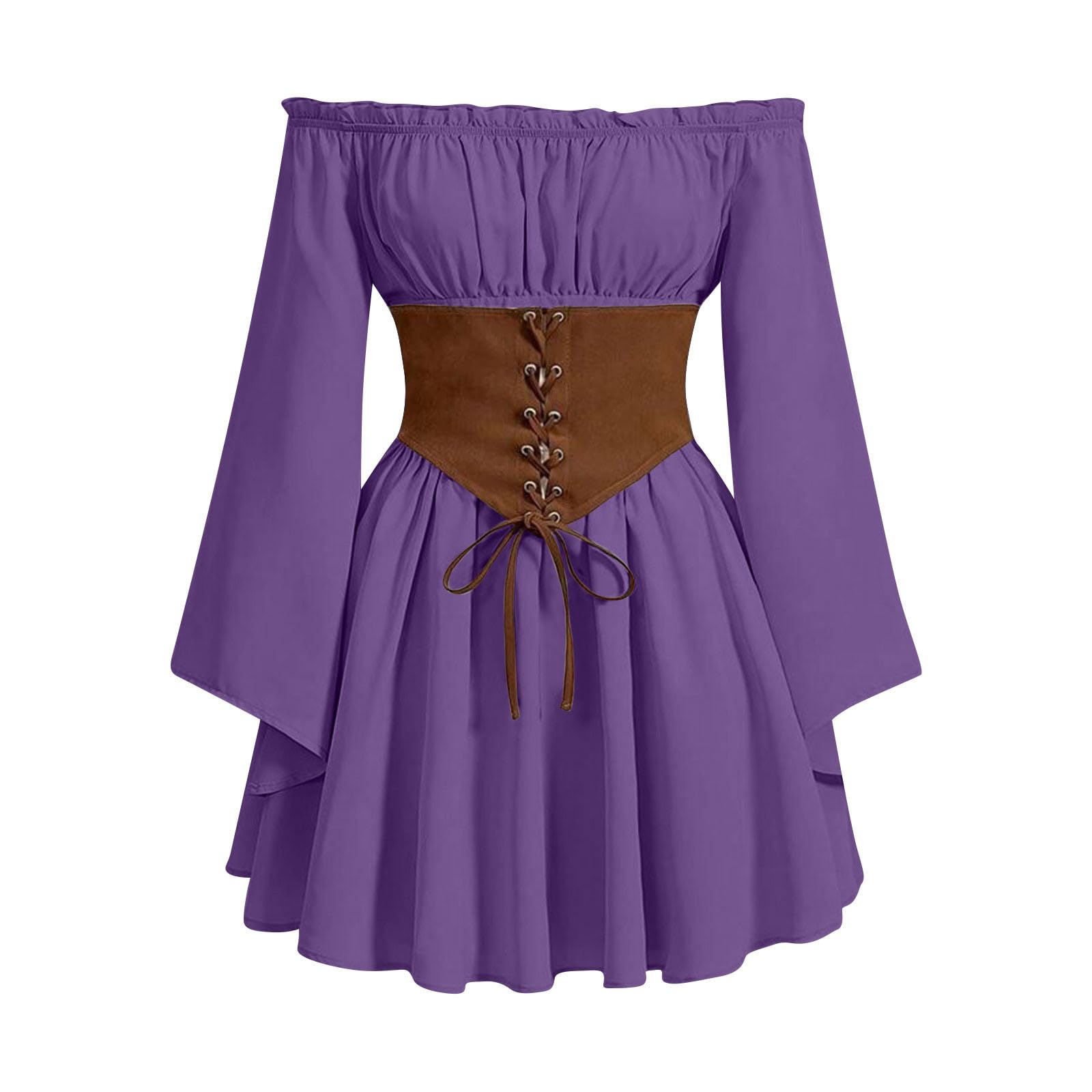 Womens Medieval Dresses Off Shoulder Mini Corset Dress Traditional Irish Dress Fairy Costume Renaissance Elf Ear Costume Elvish Cosplay Halloween Fancy Dresses Pirate Costumes Purple