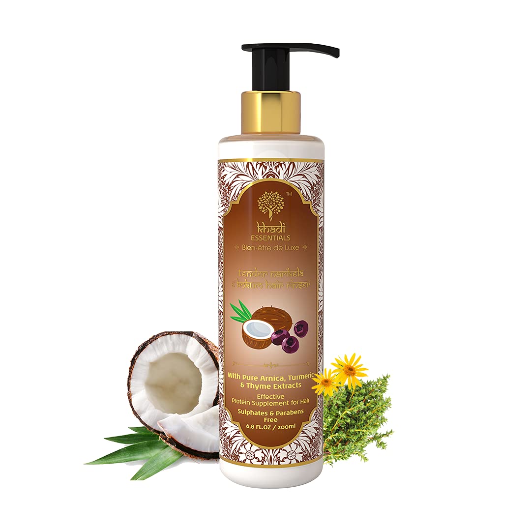 Khadi Essentials Shampoo with Coconut Milk, Brahmi, Bhringraj for Hair Growth & Fall Control, SLS Paraben Free Cleanser, 200 ml