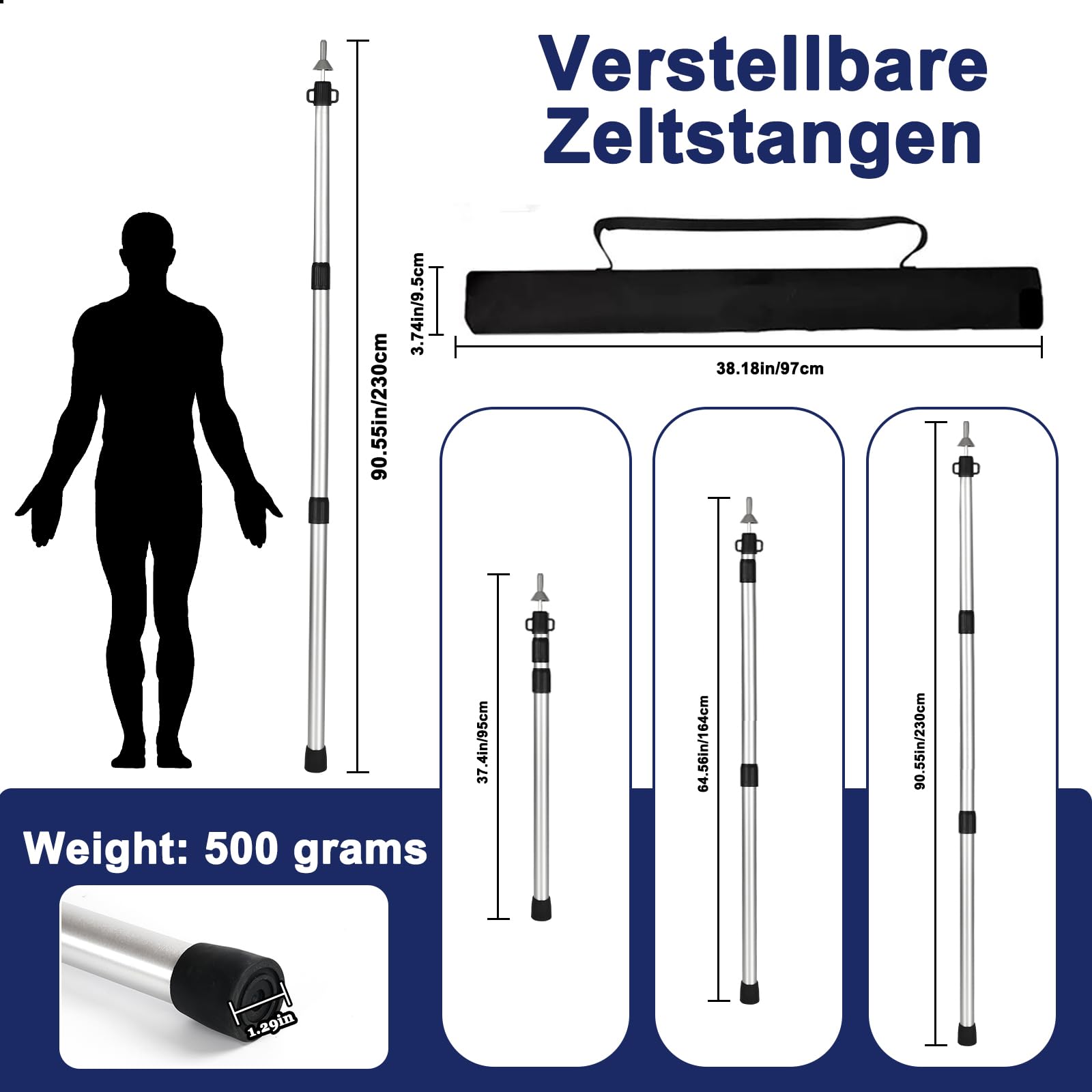 Zeltstangen, Zeltstange(2er Set), Teleskopstange für Camping, Aluminium-Zeltstange 90-230CM, Leichte&Robuste Zeltstangen für Zelt, Tarp