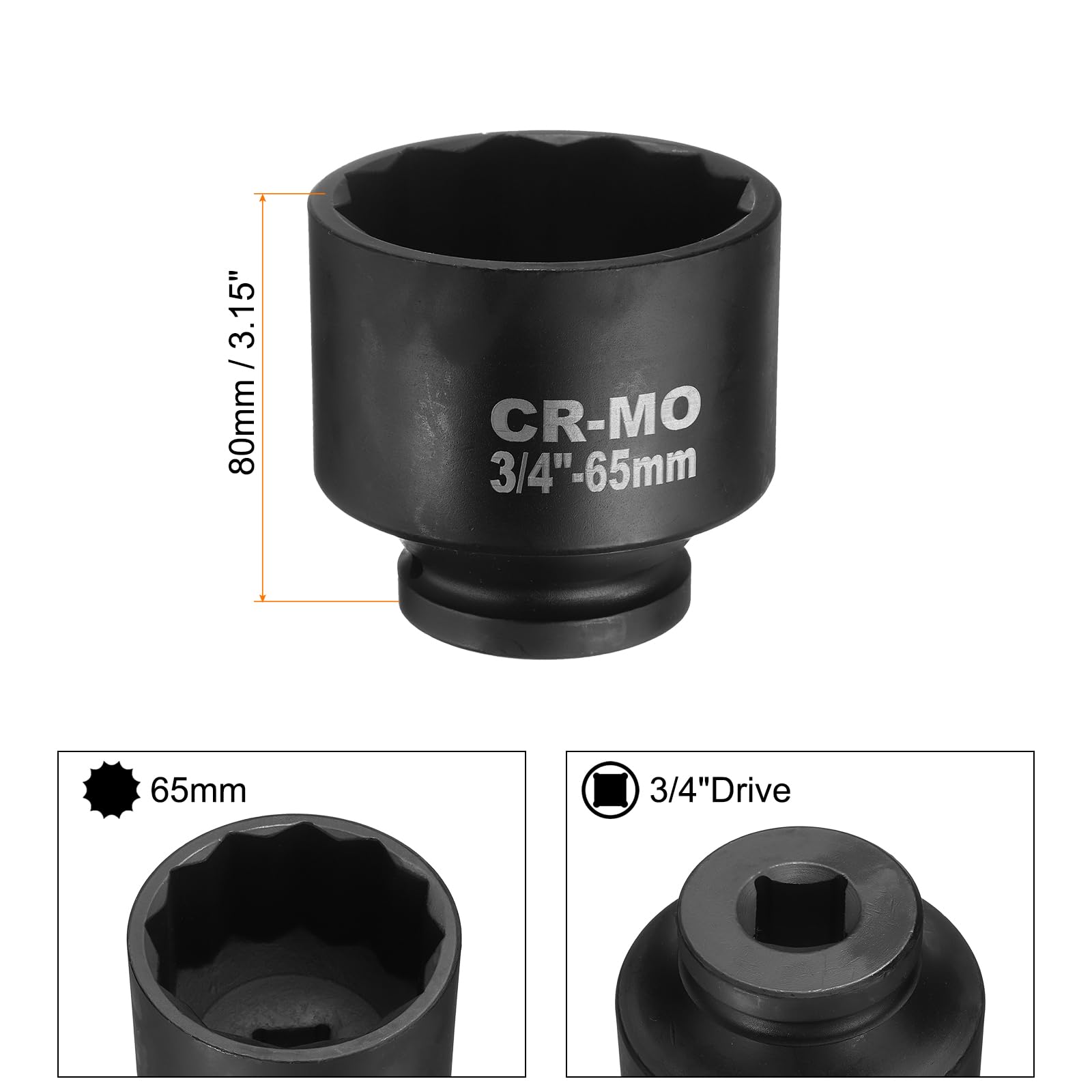 QUARKZMAN 2 sztuki 65 mm 12-punktowa wkrętarka udarowa z napędem czworokątnym 3/4", metryczna nakrętka osi wrzeciona do kluczy nasadowych, kluczy płaskich, naprawy samochodu, łatwe usuwanie