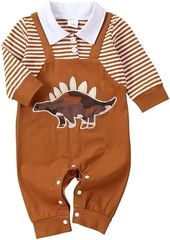 Baby Boy Clothes Fall Winter Outfits Infant Boys Long Sleeve Stripe Button Collared Romper Cartoon Clothing Set