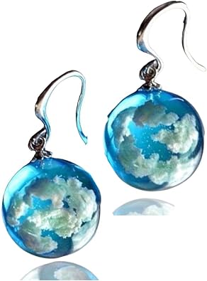 Blue Sky White Cloud Dangle Earrings, Hypoallergenic Fashion Handmade Crystal Drop Dangle Ball Earrings, Punk Hook Earrings, Christmas Jewelry Gift for Women, Girls
