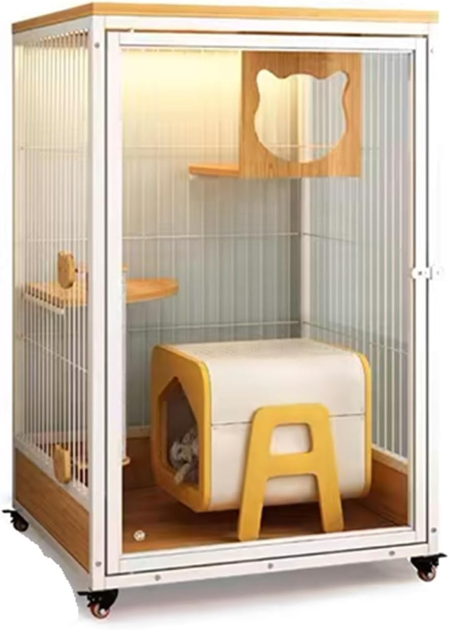 Cat Playpen, Cat Cage, Wooden Cat Enclosures, with Jumping Platform, Transparent Door, Breathable, with Wheels, Kitten Cage, Pet Playpen, 25.5x23.6x38.9in(Black)