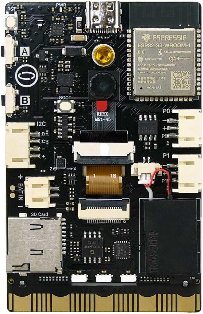 Rear view of the UNIHIKER K10 board showing various components like camera, ESP32-S3, I/O ports, and SD card slot