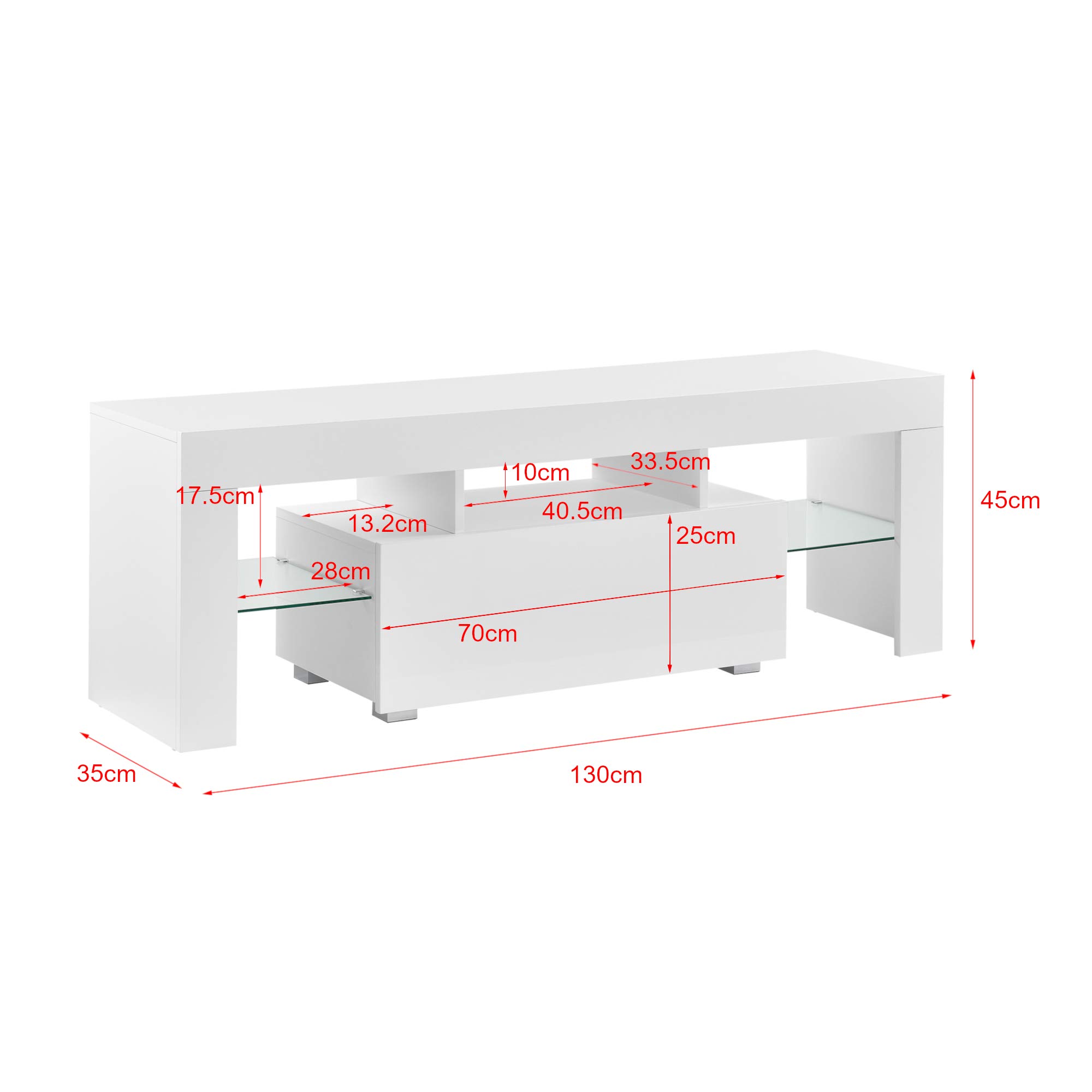 [en.casa] Mobile Porta TV con Illuminazione LED RGB con 2 Ripiani Mensole in Vetro e Scomparti Stand TV Multimediale con Luci e Cassetto 130 x 35 x 45 cm - Bianco