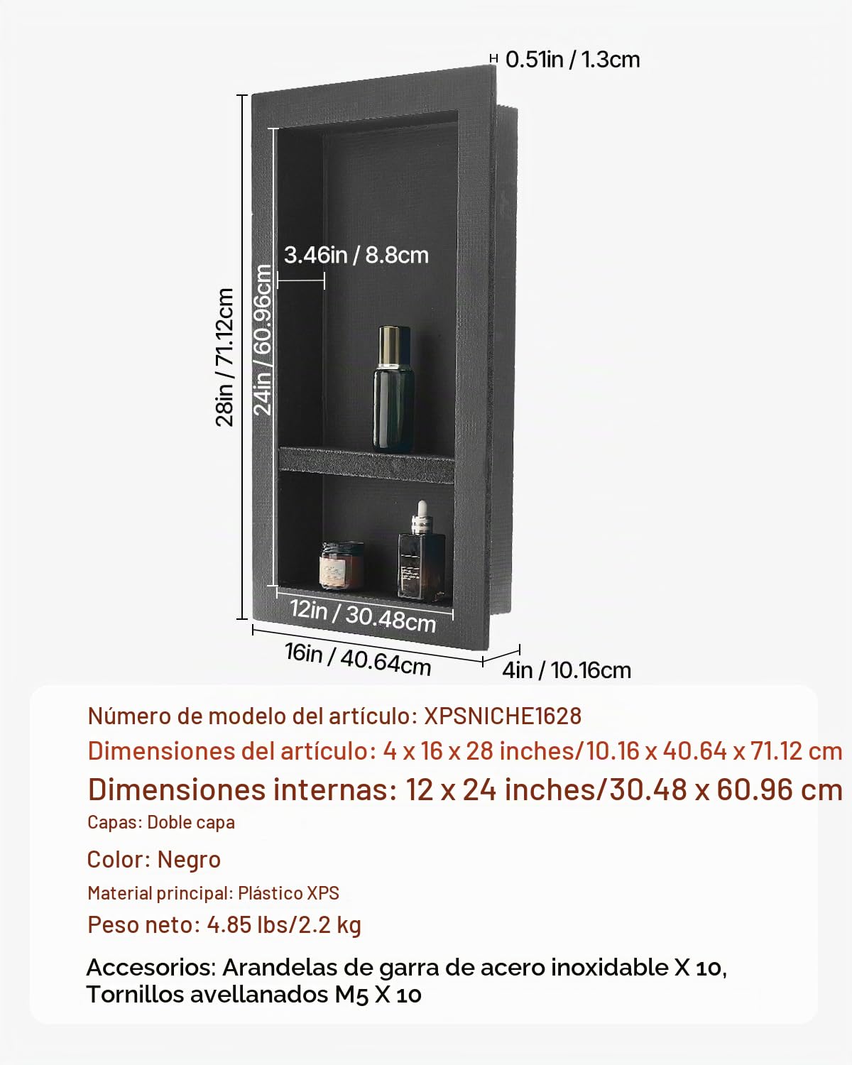 VEVOR Nicho de Ducha Empotrado 40,6 x 71,1 x 10,2 cm Estante Divisor de Pared para Baño Organizador para Jabón y Champú, Esquinas Cuadradas Diseño Impermeable y Sellado para Ducha de Baño, Negro