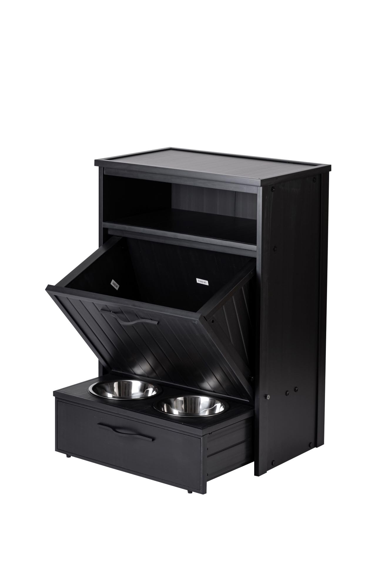 FINCA CASAREJO Armario comedero para Mascotas LUISIANA - con cajón para Almacenamiento de pienso - Dos Cuencos de Acero Inoxidable accesibles para Perros y Gatos - 36,4x58,4x83,2cm (Negro)
