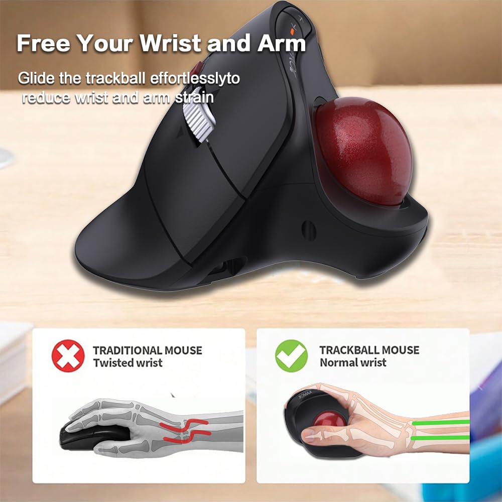JOMAA Mouse wireless con trackball verticale, design ergonomico, commutazione a 3 dispositivi, 2,4 G/Bluetooth 5.0, ricaricabile di tipo C, DPI regolabile, compatibile con Windows/macOS/iOS/Android