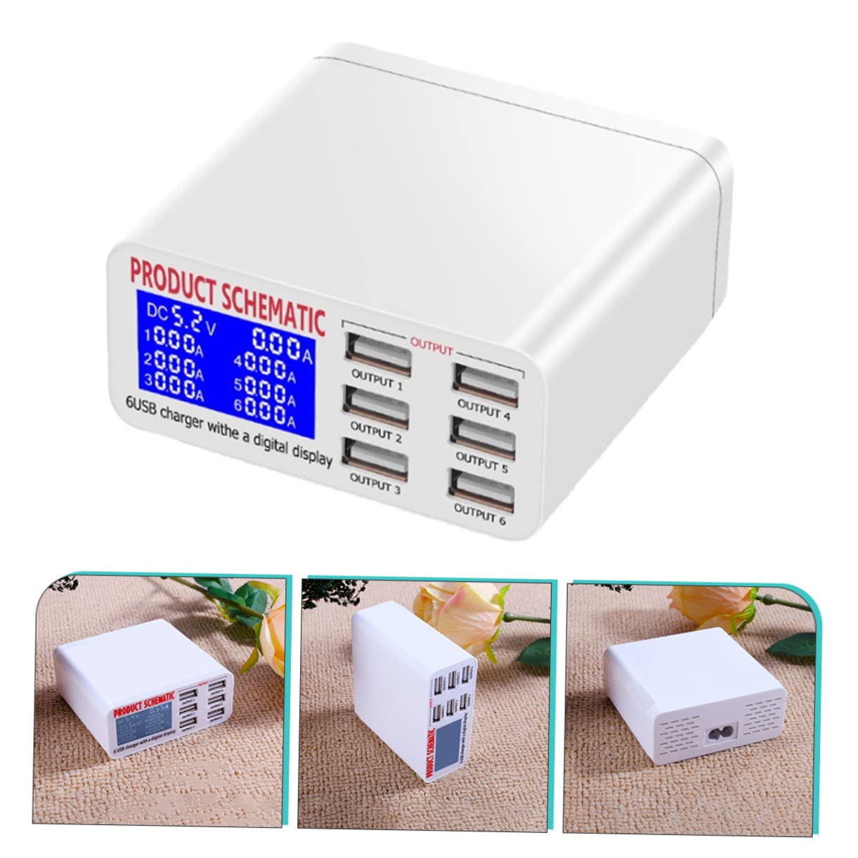 Operitacx Chargeur Secteur Multiports USB 6 Ports Écran LCD 40w en Abs Pc, Protection Court-Circuit, Recharge Simultanée de 10 Appareils Mobiles