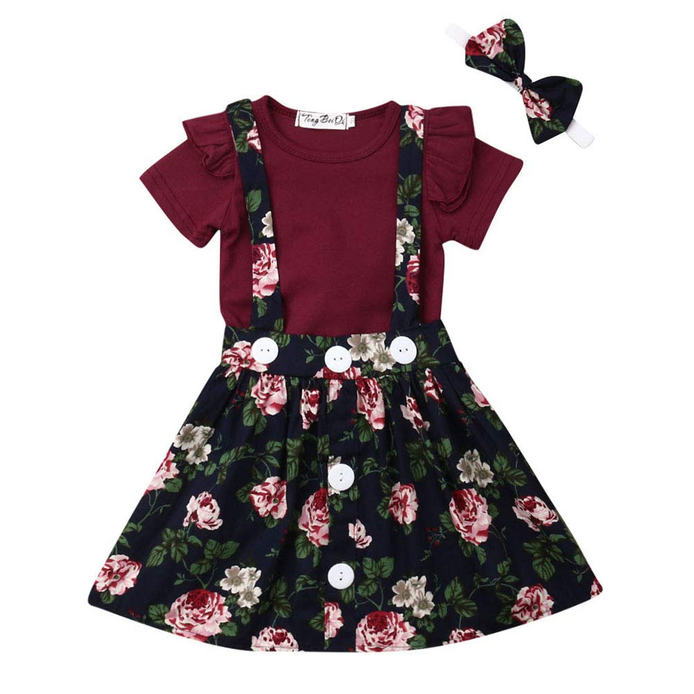 Baby Girl Clothes Short Sleeve Ruffle Romper Suspender Floral Skirt Outfit Set with Headband (6-12M, Burgundy+Dark Blue)