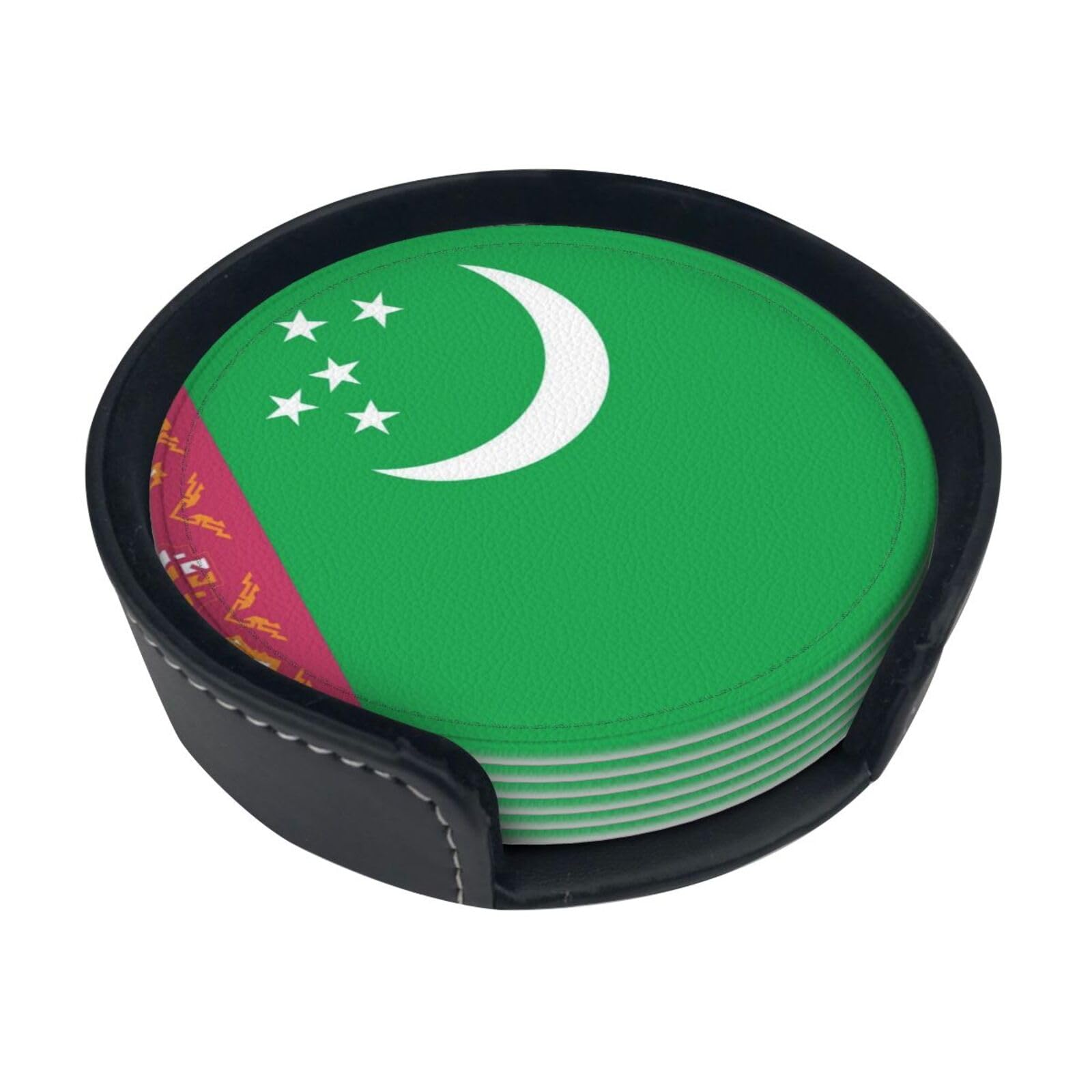 Flag of Turkmenistan Leather Coasters-Set of 6 with Storage Holder