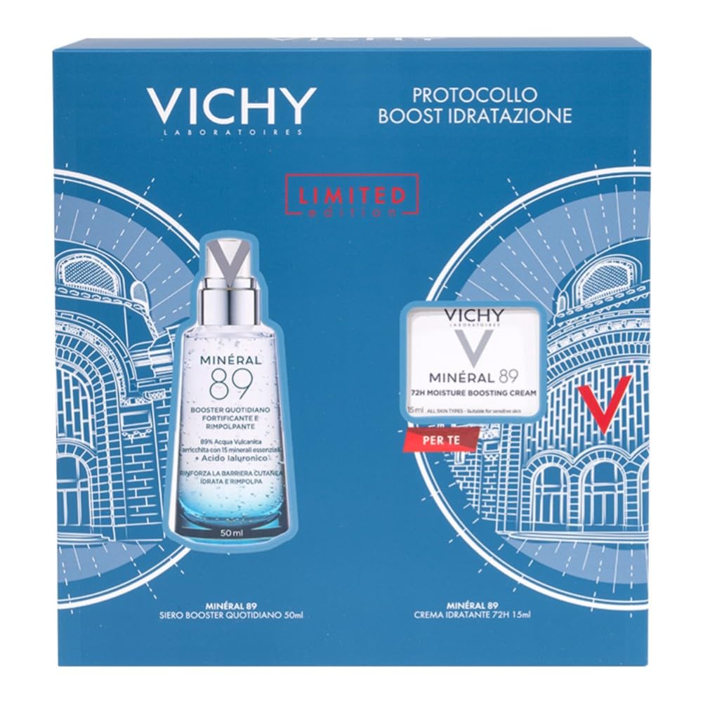 Vichy Minéral 89 Cofanetto Regalo Boost Idratazione, Siero Booster e Crema Idratante, Per Tutti i Tipi di Pelle, Azione Fortificante e Rimpolpante, Pelle Tonica e Levigata, 50 ml + 15 ml