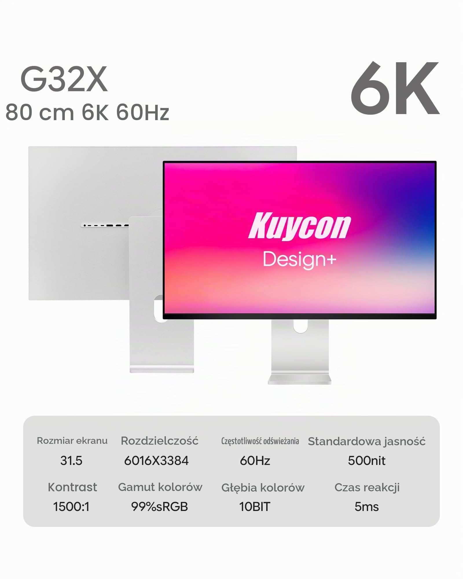 Monitor Kuycon G32X 32 cale FHD (6016 x 3384) 6K, czarny panel IPS, 1,07 miliarda kolorów, 99% sRGB, 5 ms, G-Sync FreeSync, kontrast 1500:1 (Minimalistyczny – z podstawką)