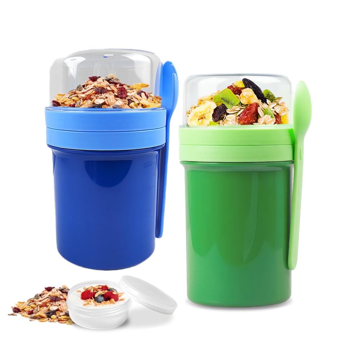 2 Stück Müslibecher to Go, Joghurtbecher to Go Mit Löffel, 450ml+350ml Blau und 550ml+350ml Grün, Müsli Becher to Go für Müsli & Joghurt, Auslaufsicher Müsli Cup Becher (Blau)