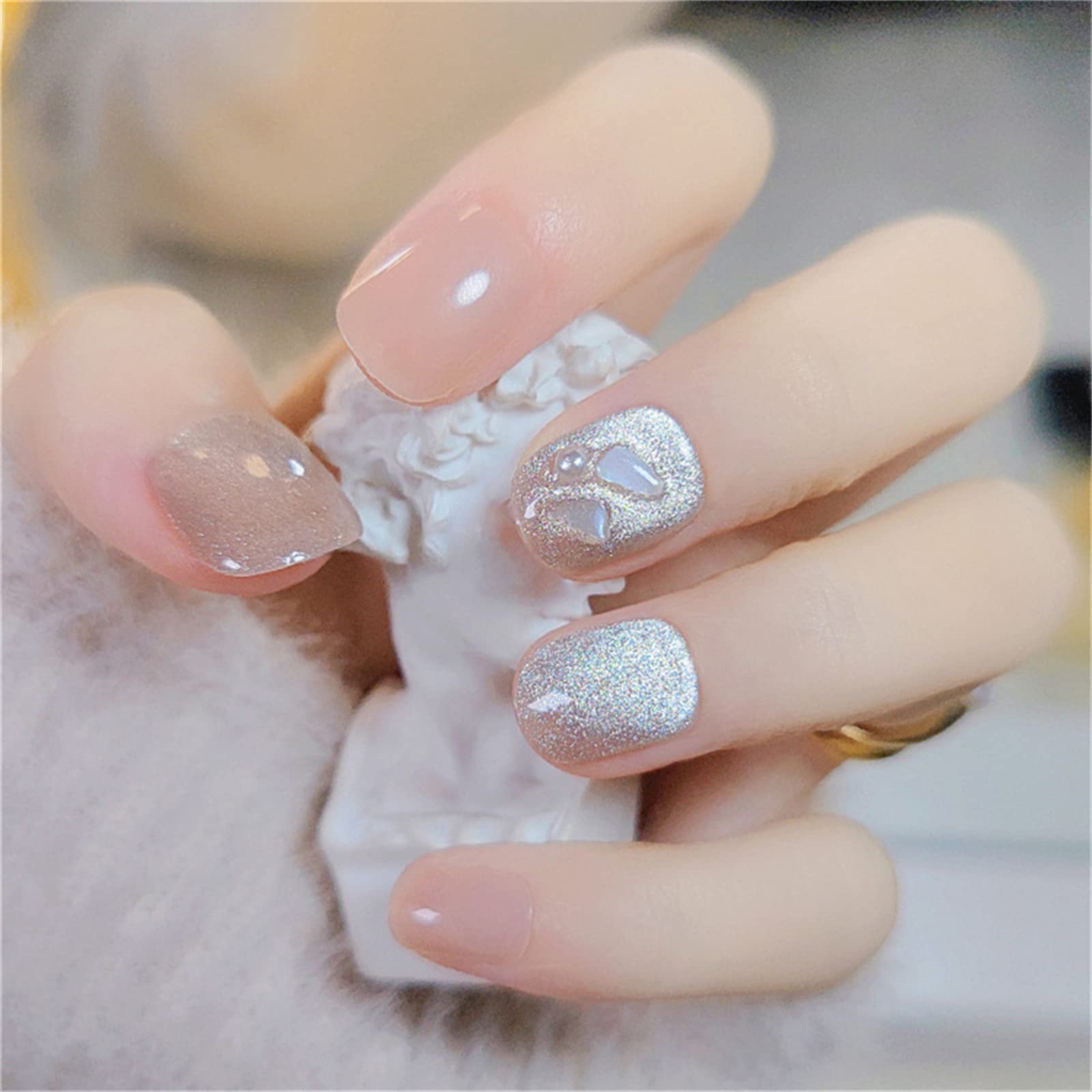 Unghie Finte Quadrate Corte Copertura Completa Colla Inclusa Glitter Staccabili Occhi di Gatto Stampa sulle Unghie 24 Pezzi Suggerimenti per Unghie con Dita per Saloni di Bellezza e Donne Nail Art f