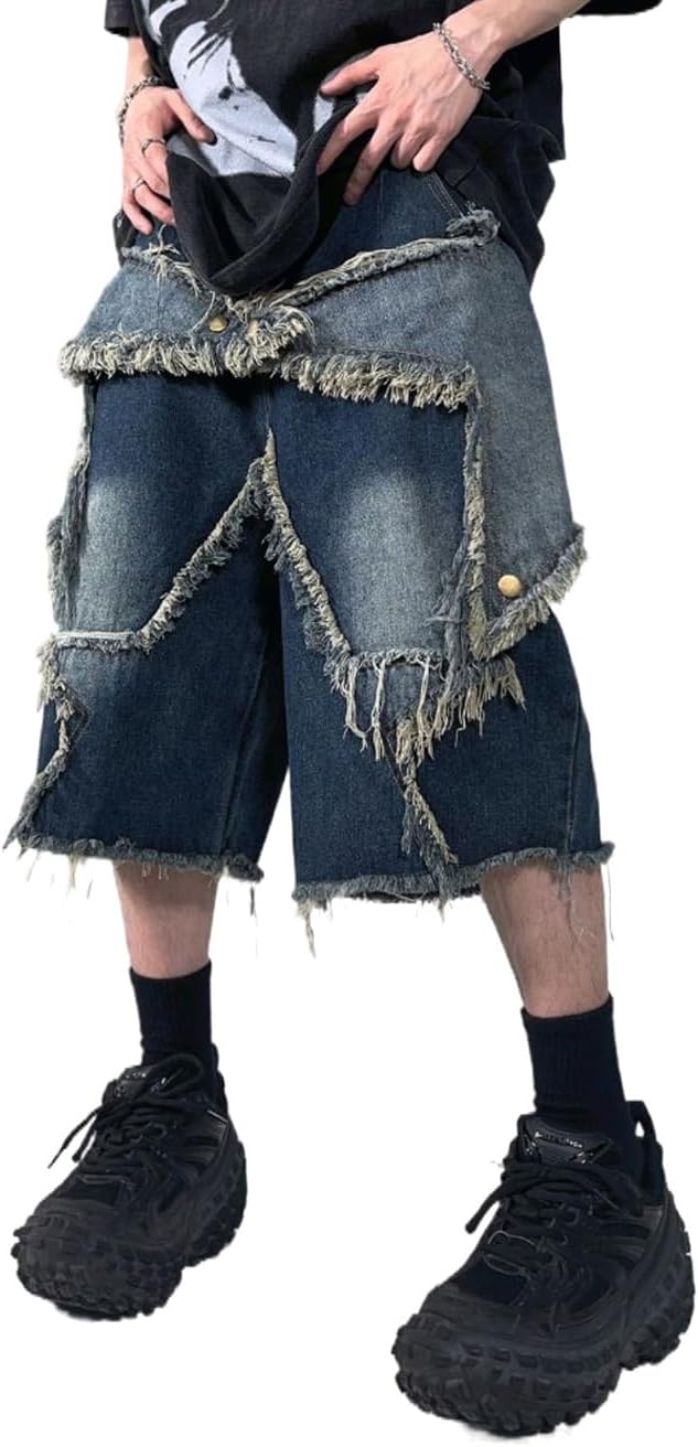 Mens Bermuda Jean Shorts Summer Frayed Raw Star Patchwork Loose Fit Baggy Denim Shorts with Pockets