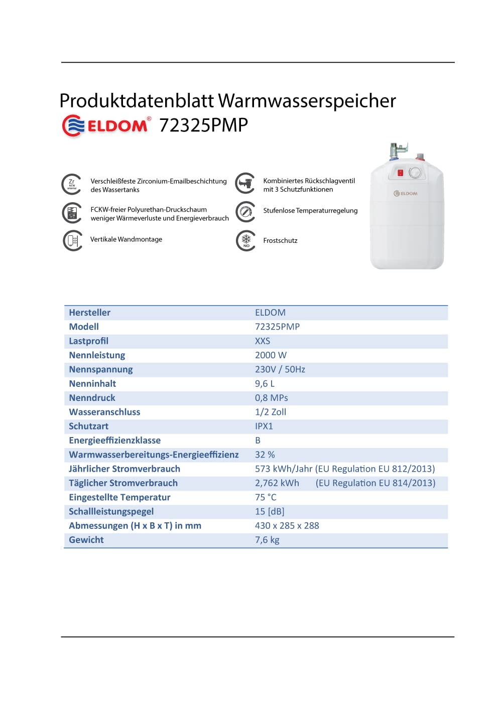 Eldom Warmwasserspeicher/Boiler 10L Untertisch druckfest, Weiß | inkl. Kombi-Rückschlageventil und Kabel mit Stecker, 2000W, 230V