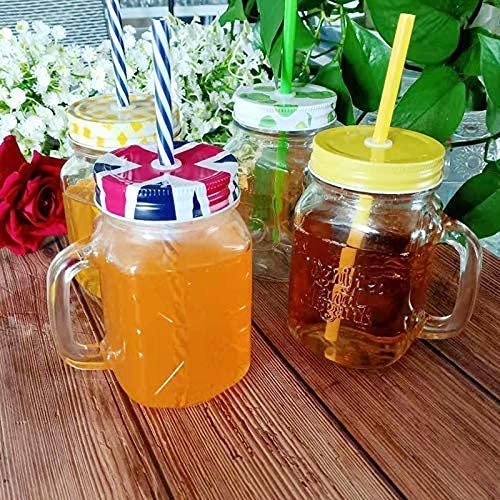 Image of 500 ml Glass Mason Jar, Juice Soft Cold Drinks Mason Mug with Handle and Green Apple Lid and Straw, Transparent (2)