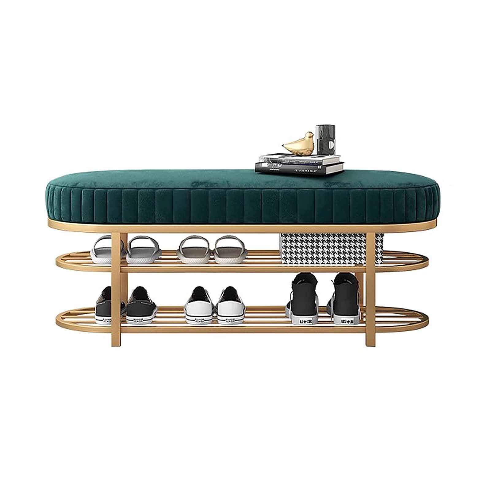 SXZenSpace Shoe Rack Bench with Velvet Cushion, 3 Tiers Metal Rack, Entryway for Hallway, Mudroom