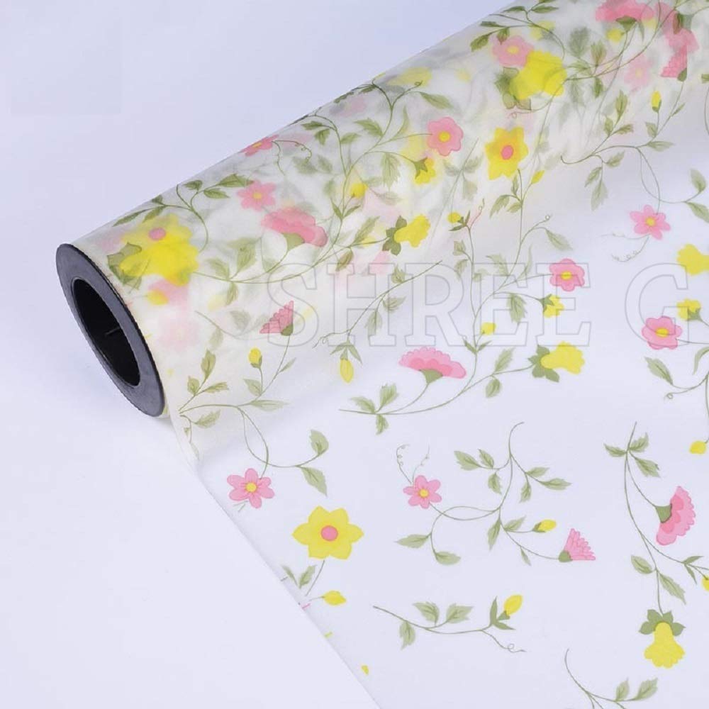 SHREE G Premium Privacy Window Film Printed Yellow Pink Flower Design Window Frosting Film for Home Office Bathroom Home Static Cling Window Sun Shade Self Adhesive Decorative Sticker (24x240 Inch)
