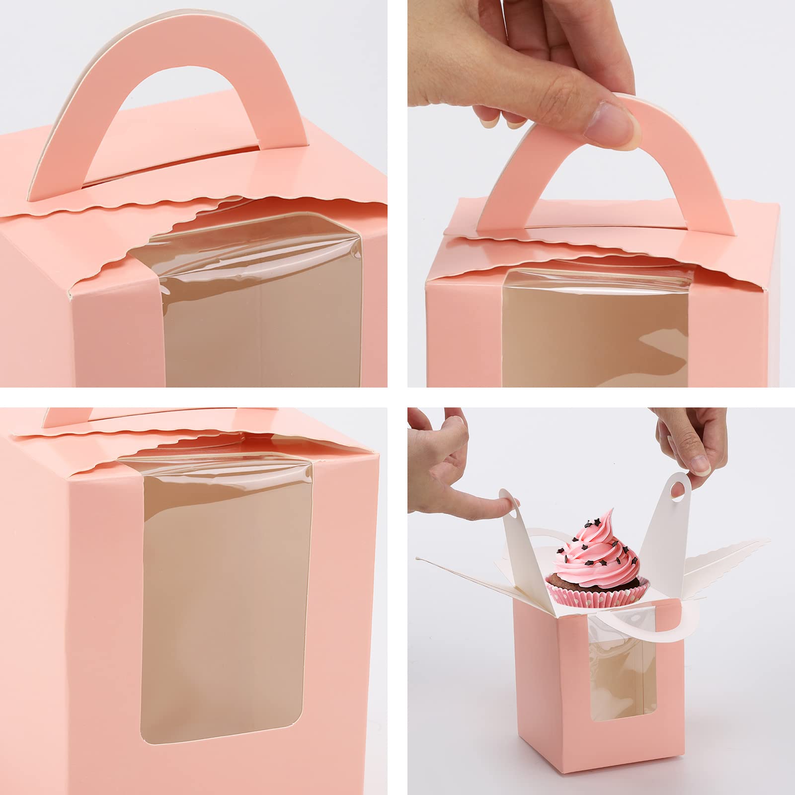 100 cajas de magdalenas rosadas individuales con asa de ventana e insertos para panadería envoltura fiesta regalo embalaje