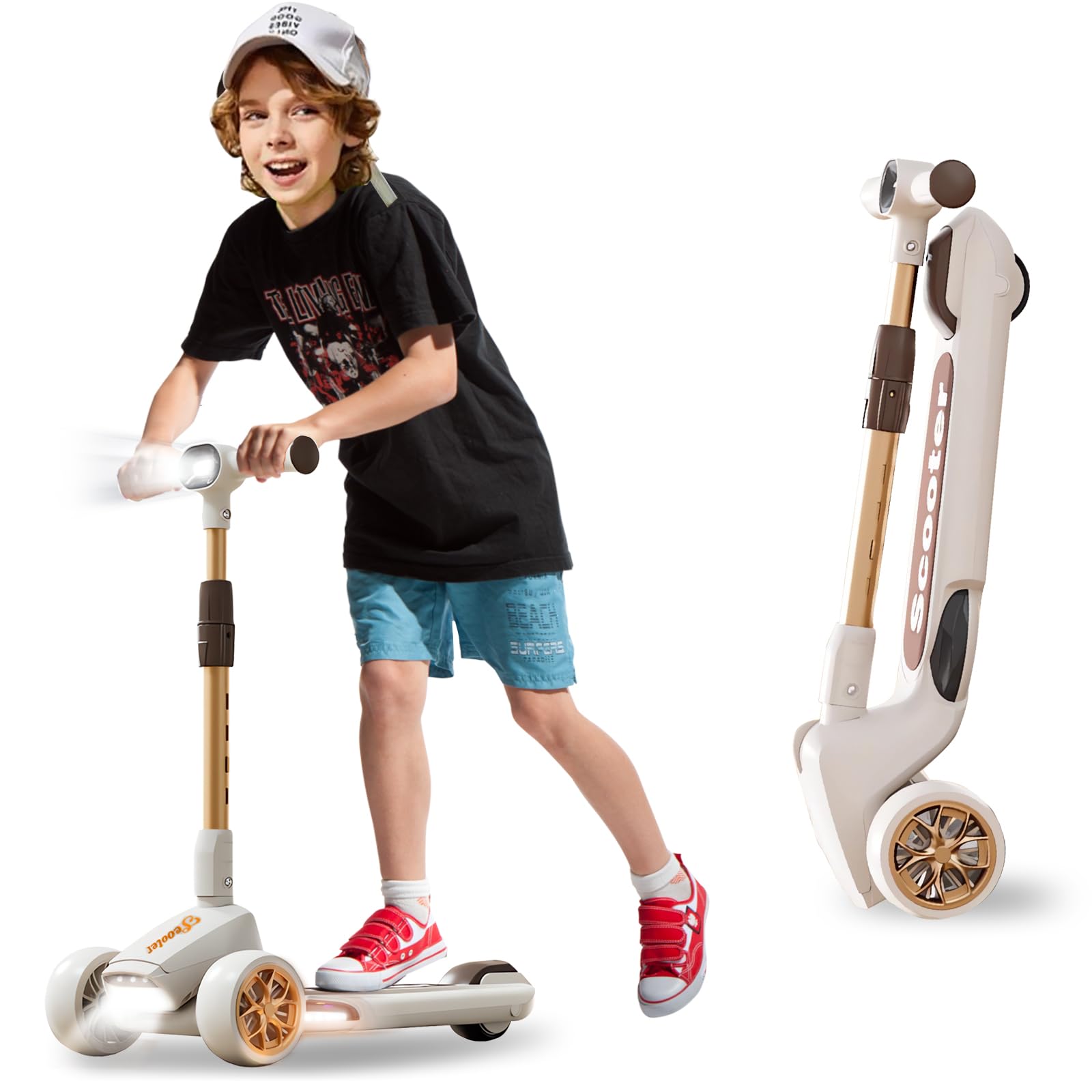 Big Wheels - Patinete plegable para niños con luces LED intermitentes y música para niños y niñas, 4 niveles de altura ajustable, cubierta extra ancha, niños a partir de 3 años, color blanco