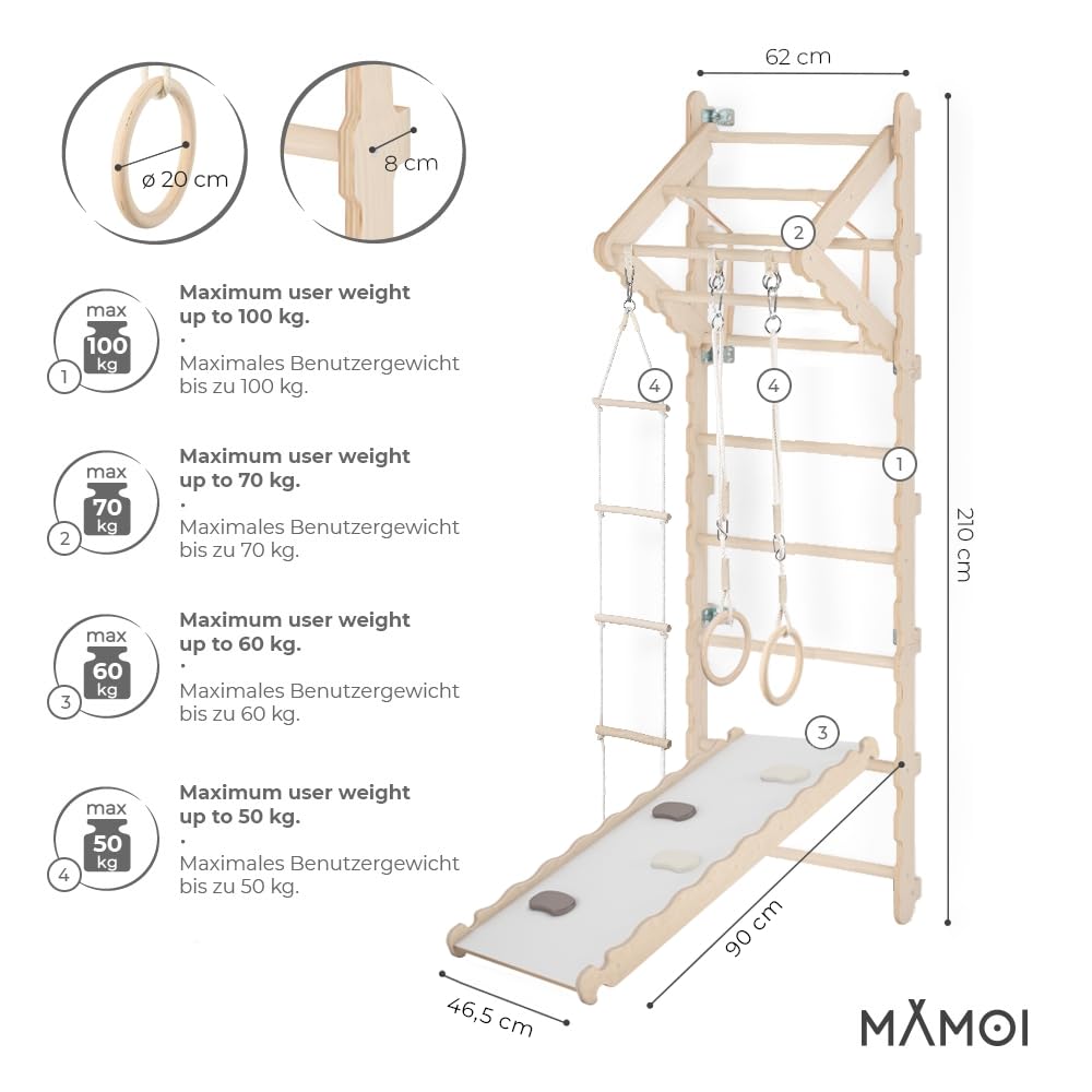 MAMOI® Spalliera Svedese, Parete Arrampicata per Palestra Bambini, Spalliera in Legno Naturale per Uso Interno, Parallele Ginnastica Artistica da casa