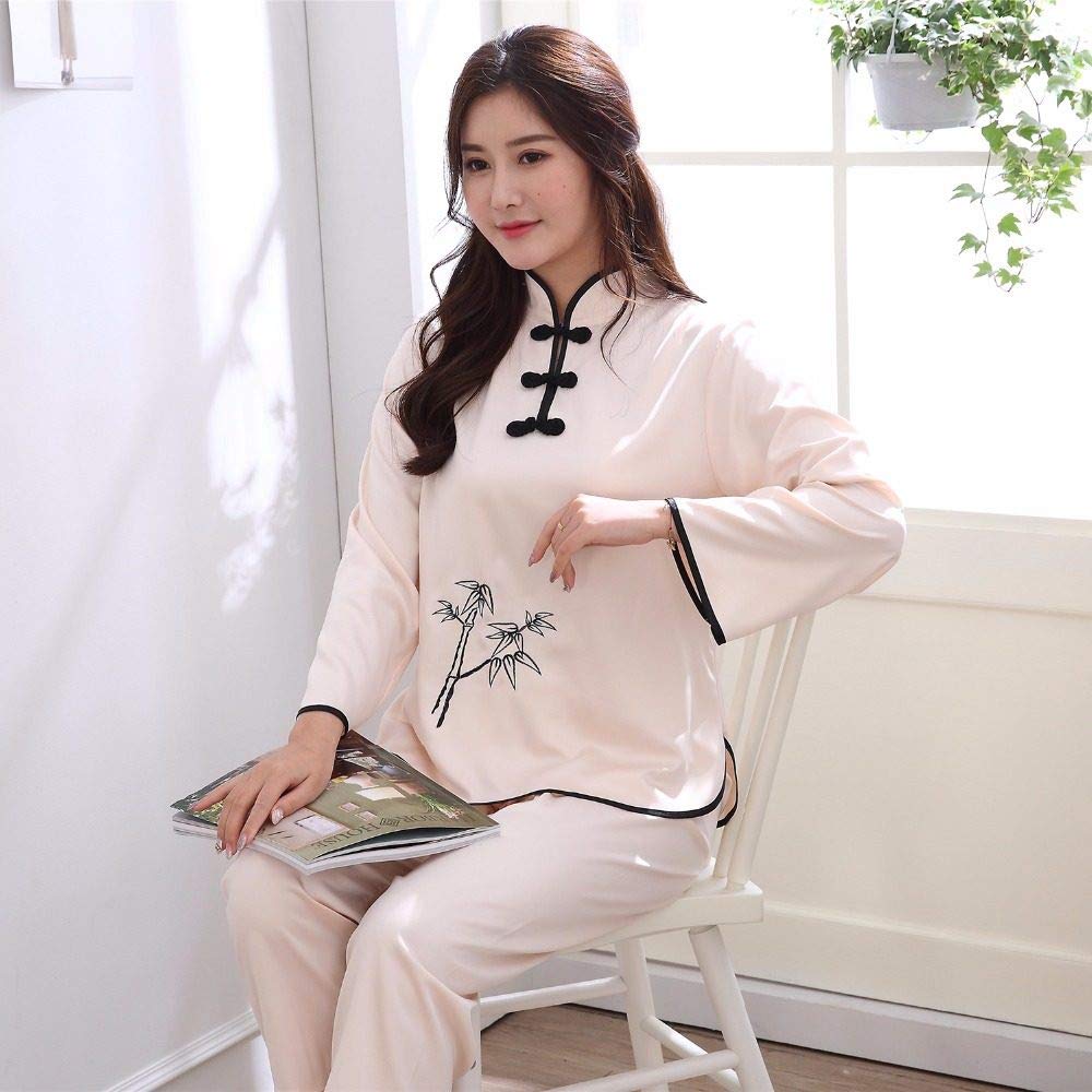 YUHOOE Pijamas De Mujer,Conjunto De Pijamas De Satén Sedoso Botón Tradicional Chino Bordado De Manga Larga Ropa De Dormir Pijamas Cómodos Sueltos Ropa De Dormir Ropa De Casa,Beige,XL