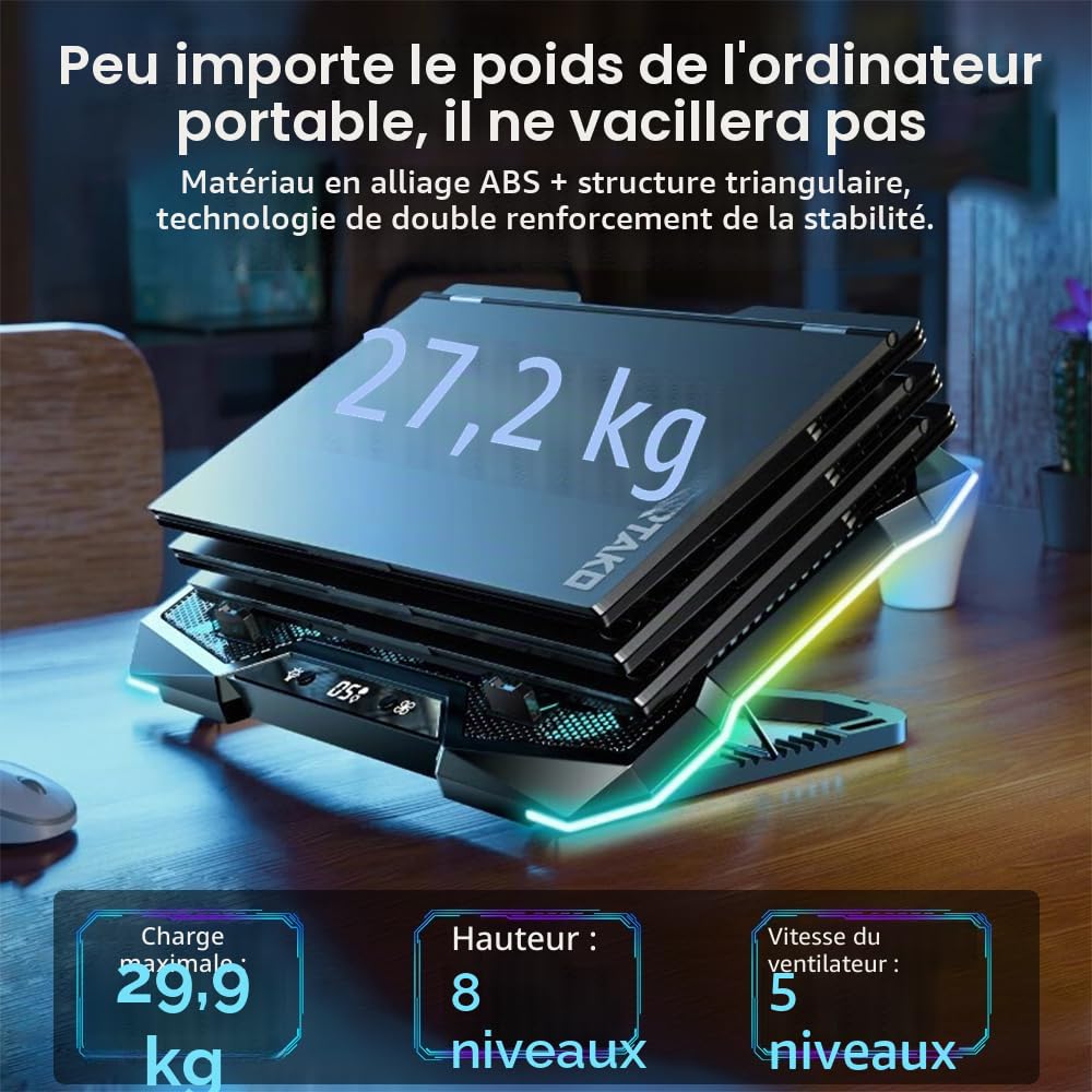 G-Story RGB Wind Refroidisseur PC Portable Ventilateur Ordinateur Portable 12-18" 10 Ventilateurs Silencieux 8 Hauteurs Réglables USB