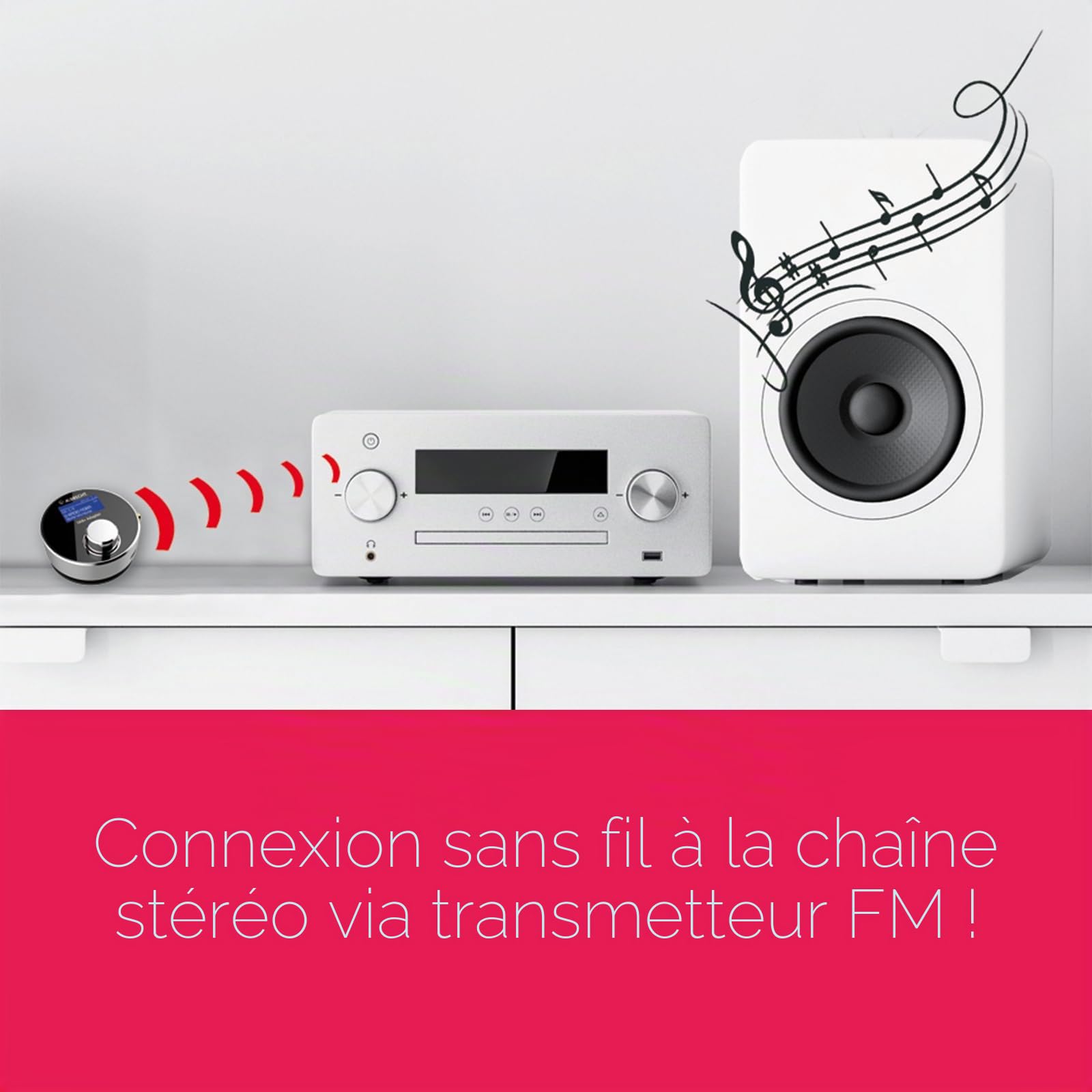Albrecht Adaptateur radio numérique DR 54 DAB+ pour autoradio ou salon, 27259, transmission sans fil via émetteur FM, sortie auxiliaire, couleur argent/noir, bouton-poussoir