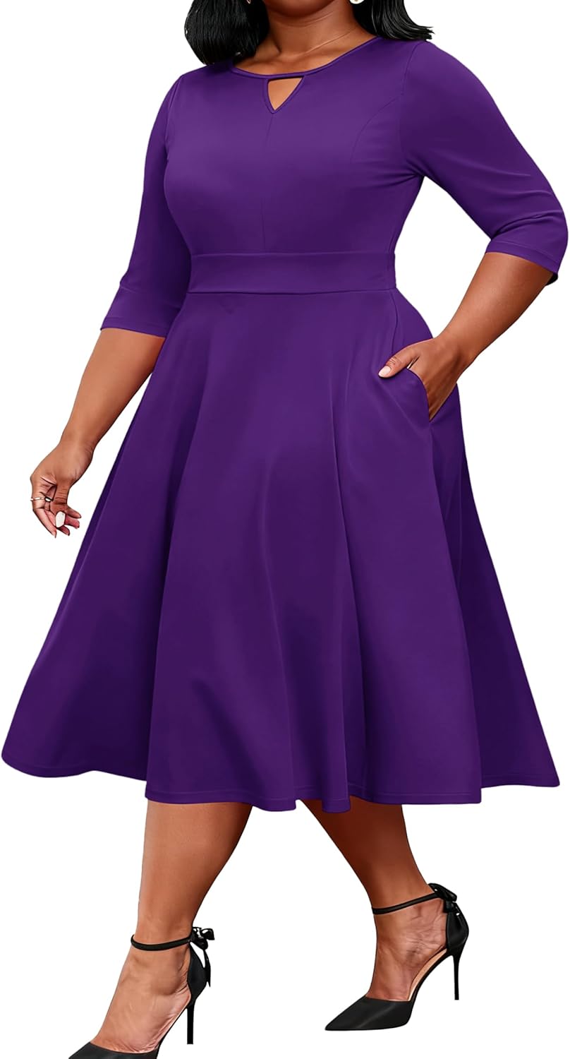 Nmoder Womens Plus Size Cocktail Dress 3/4 Sleeve Church Dresses for Women Midi Work Crewneck Dress with Pockets - Image 2