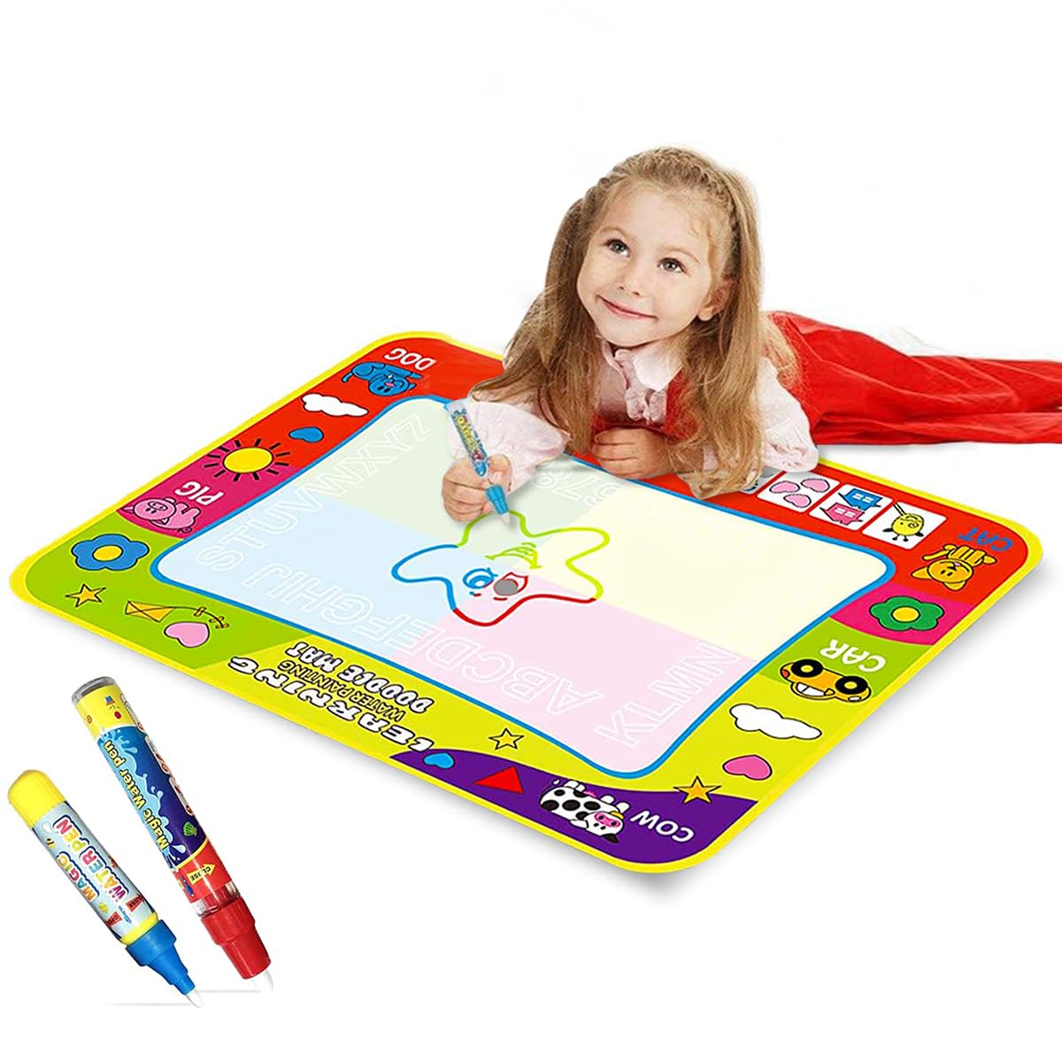 Large Reusable Water Doodle Mat 4 Classic Colours, Mess Free Magic Water Mat, with Magic Water Pens Stamper Set, 80 * 60Cm