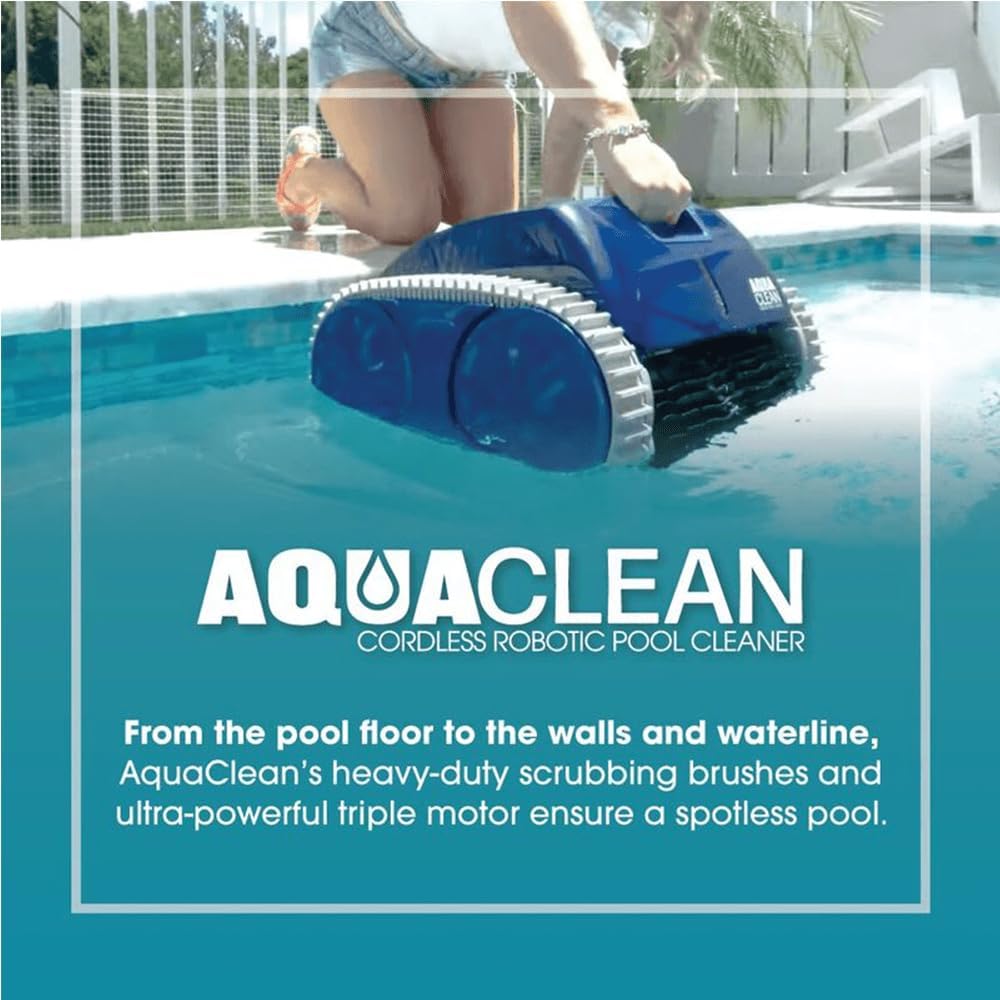 AquaClean AC1000 PRO in a pool, cleaning the waterline, with a person nearby