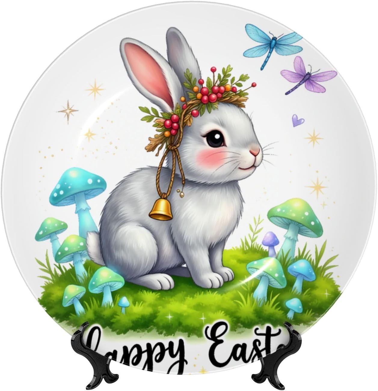 Easter Bunny Joyful Greeting Style Ceramic Plate Display Decorative Plate With Stand Wall Hanging Plate For Home Decor 10 Inch
