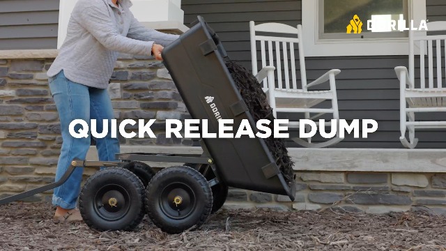 Image of Gorilla Carts Heavy-Duty Poly Yard Dump Cart, 6 Cu Ft Tub, 1200 lb Haul Capacity, Black - Towable Utility Wagon with Quick-Release Dumping & Pneumatic Tires for Landscaping and Gardening