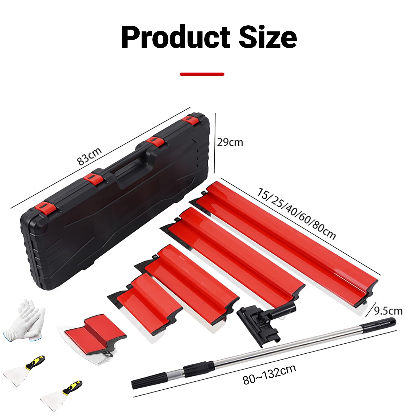 Flächenspachtel Set Profi im Koffer, Spachtel Set Werkzeug mit 0,8-1,32 m Teleskopstange, Beinhaltet Spachtel in den Längen 15/25/40/60/80cm und Ersatzklingen Edelstahl, 16-Pcs Spachtelset