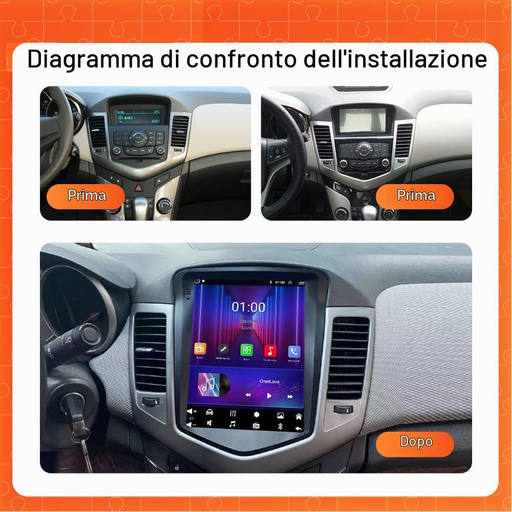 Autoradio 2 DIN Android 14 per Chevrolet Cruze 2008-2015, Schermo Touch 9.7 Pollici 4+64G, Compatibile con CarPlay Wireless e Android Auto, Bluetooth GPS FM/RDS, Navigazione Auto con SWC DSP
