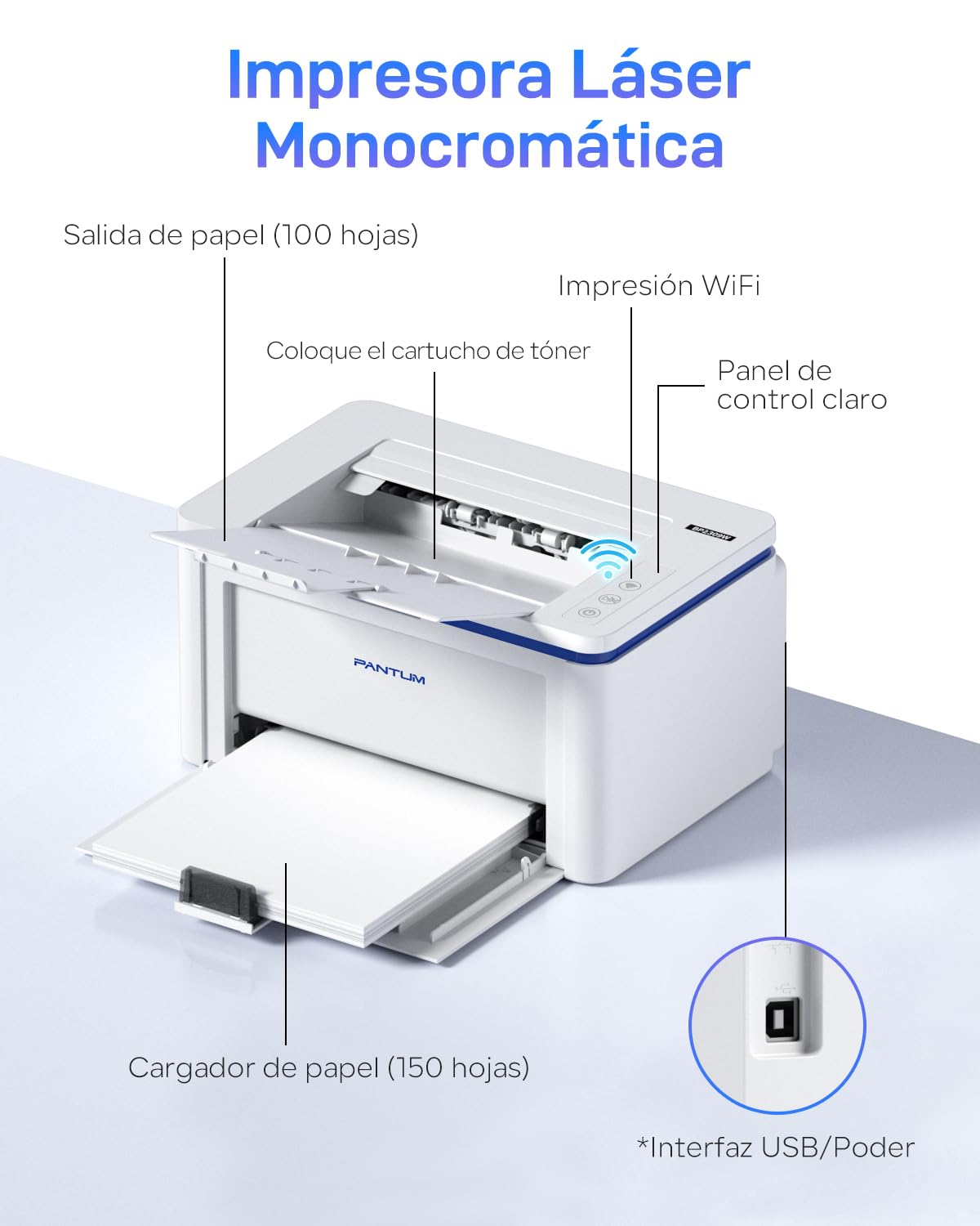 PANTUM BP2309W Impresora Láser Monocromo WiFi, Pequeña para Casa y Oficina (A4, 20 ppm, Wi-Fi Direct, Bluetooth, USB, AirPrint, Mopria), con 1 Tóner de Inicio Original