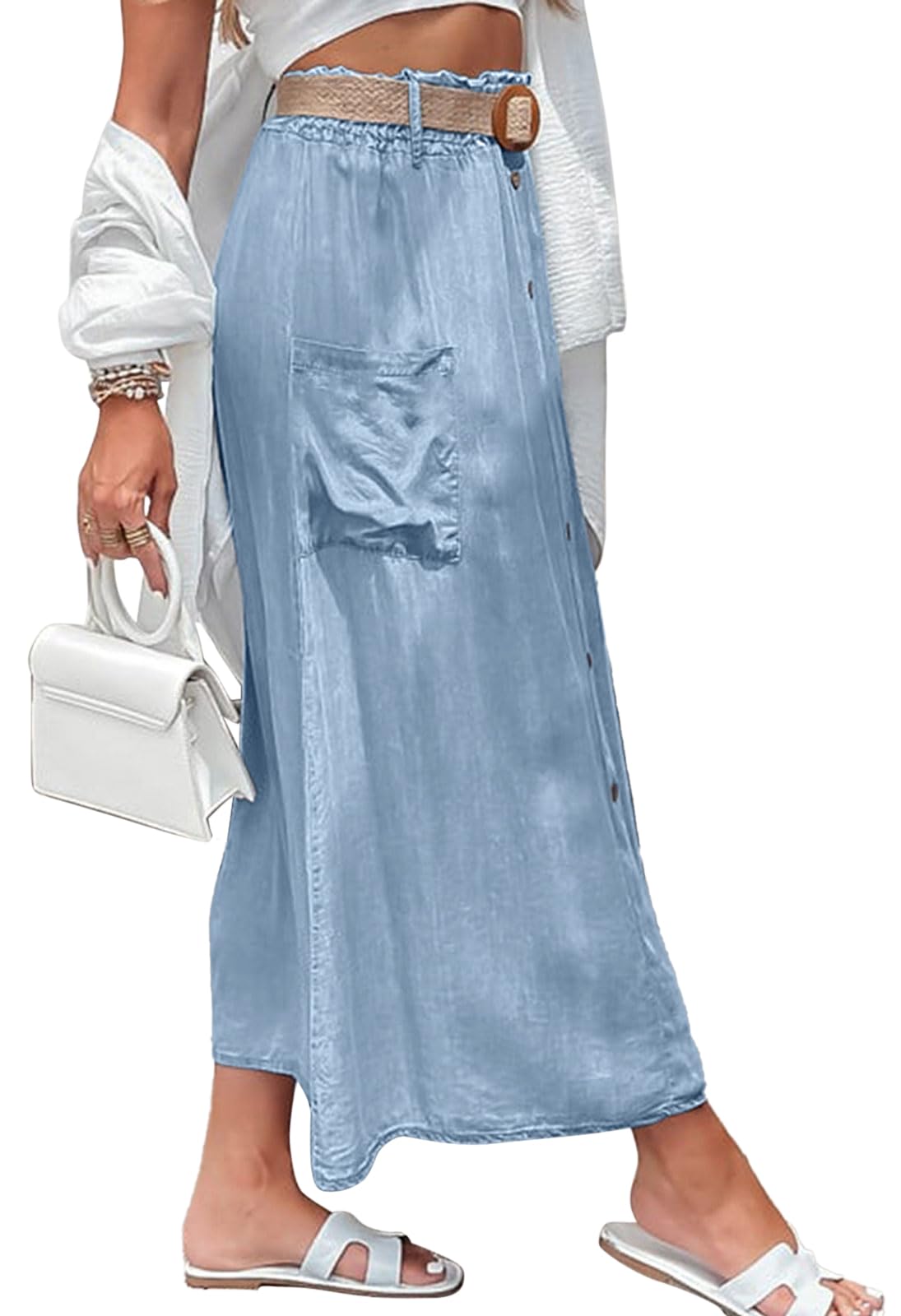 loveimgs Jupe longue d'été en Tencel fluide pour femme - Taille élastique - Coupe trapèze - Avec boutons - Volants - Style bohème léger