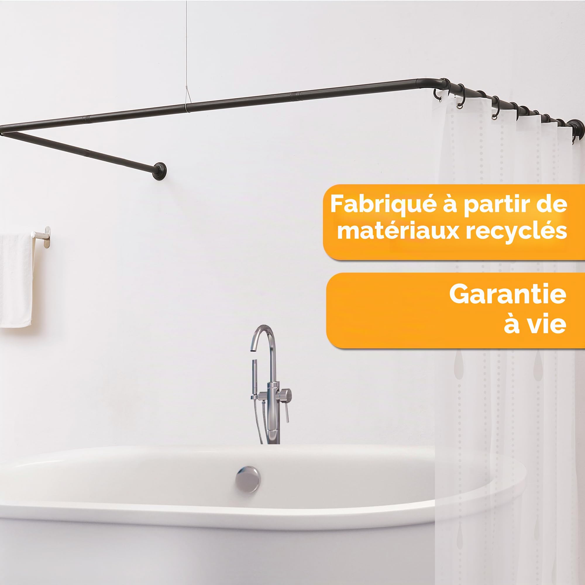 Tringle à rideau de douche en forme de U 88 x 176 x 88 cm | Barre de douche d'angle en acier noir mat | Avec support de plafond et 12 crochets | Kit de montage