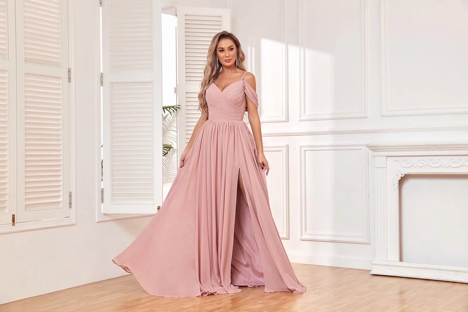 BOLENSYE Vestidos de dama de honor con hombros descubiertos y bolsillos, de gasa fruncida, abertura larga, vestido de noche formal