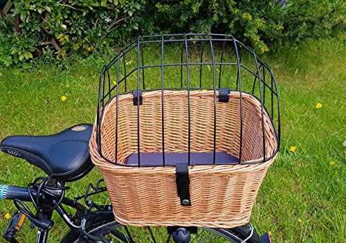 Hundefahrradkorb für Gepäckträger aus Weide mit Gitter 50 x 38 cm Eckig Natur (N-S) (mit Kissen)