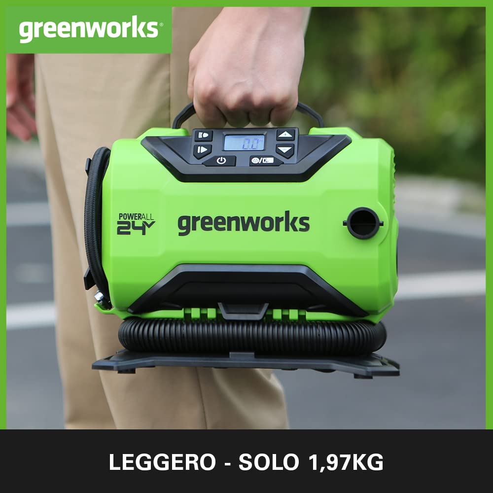 Greenworks G24IN Gonfiatore e Deflatore a Batteria, 11 Bar, Bassa o Alta Pressione, Spegnimento Automatico, con 3 Adattatori e Tubo da 0,5m, SENZA Batteria 24V e Caricabatterie, Garanzia 3 Anni