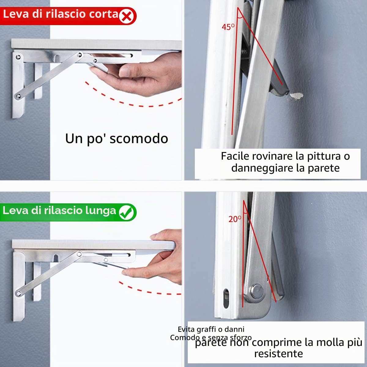 YUMORE Staffe Pieghevoli per Mensole 400mm,YUMORE Reggimensola Pieghevole Inox Supporti per Mensole Pesanti Tavolo da Parete Salvaspazio fai-da-te Staffe Triangolari, Carico Massimo 150kg, [2 Pezzi]