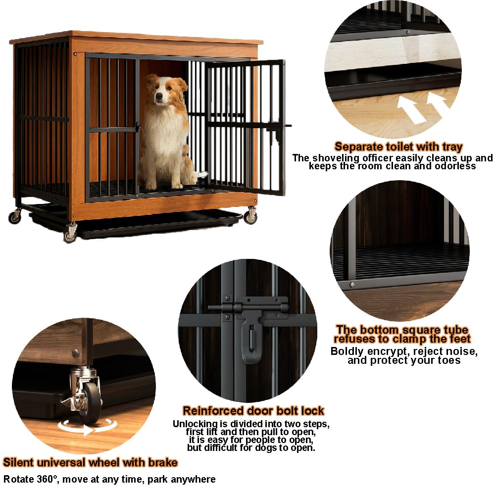 Hundekäfig Möbel für Wohnzimmer, 96×67×89,5cm XL, Hundebox mit 2 Türen, Verstärkte Metallkonstruktion, Kausicher, Hundekäfig für Hunde bis 40kg, Walnuss Holzoptik
